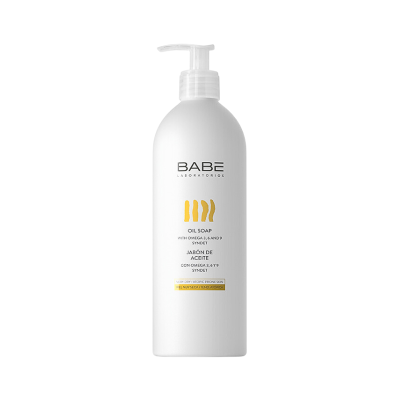 Frasco branco com sabonete líquido Babe Oil Soap para pele muito seca