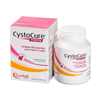 Suplemento CystoCure FORTE para cães e gatos com glucosamina e cranberry, embalagem e frasco brancos com detalhes rosa e laranja.