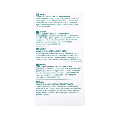 Embalagem de creme desodorizante antitranspirante KEOPS® com texto informativo em várias línguas.