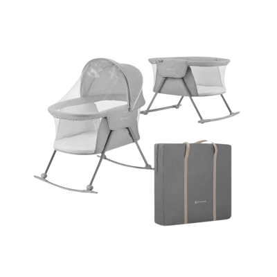 Berço conversível cinza com mala cinza para transporte.
