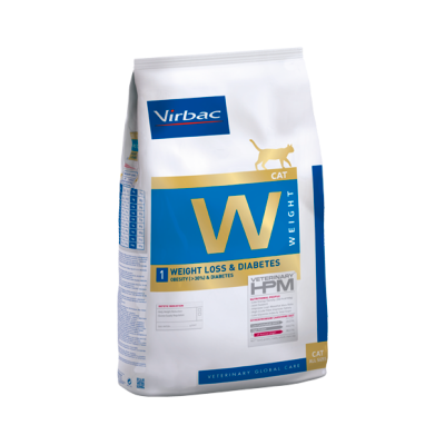 Embalagem branca e azul de ração Virbac para gatos com texto Weight Loss & Diabetes.