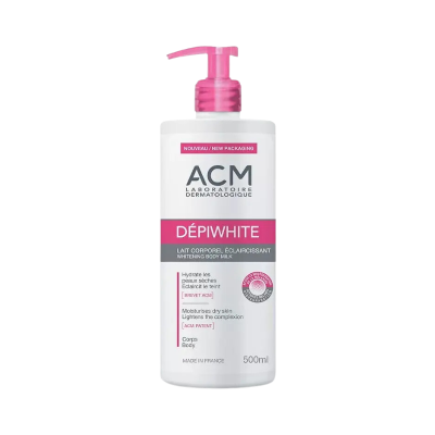 Loção corporal ACM DÉPIWHITE embalagem branca com tampa rosa 500 ml