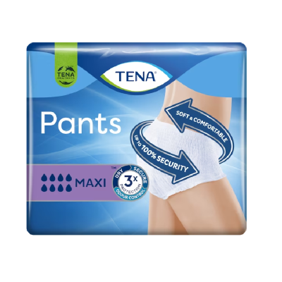 Embalagem azul de TENA Pants Maxi com imagem de pessoa a usar fralda calça branca
