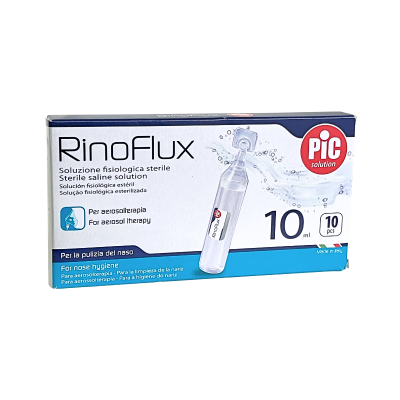 Embalagem de solução salina estéril RinoFlux para aerosolterapia com 10 unidades de 10ml