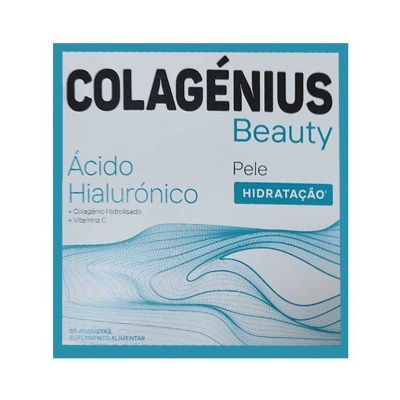 Embalagem de suplemento Colagénius Beauty com ácido hialurónico para pele e hidratação