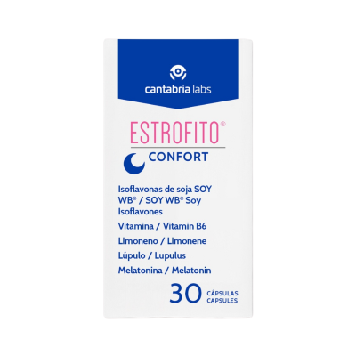 Embalagem de suplemento Estrofito Confort 30 cápsulas da Cantabria Labs