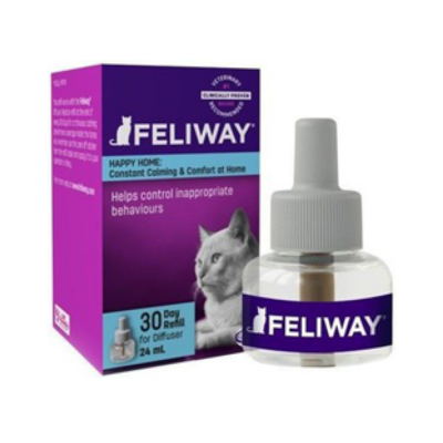Frasco e caixa de recarregador FELIWAY para difusor com imagem de gato e texto em inglês