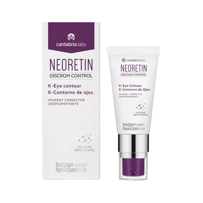 embalagem e tubo branco e roxo de creme Neoretin Discrom Control K-Eye Contour