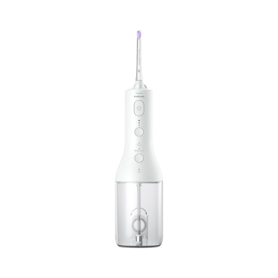 Irrigador oral Philips Sonicare branco com reservatório transparente e botões no corpo