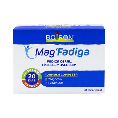 Caixa de comprimidos MagFadiga Boiron azul e branca