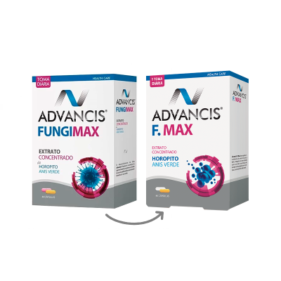 Caixas de suplementos ADVANCIS FUNGIMAX e F. MAX com texto e design em azul e rosa