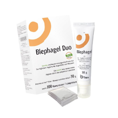 Gel Blephagel Duo com tubo branco e laranja, embalagem e comprimidos