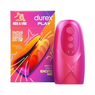 Estimulador vibratório cor-de-rosa com três botões e embalagem colorida Durex Play Ride & Vibe