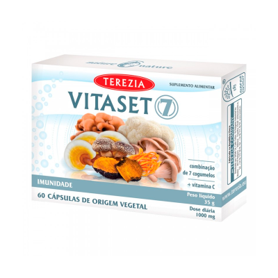 Embalagem de suplemento alimentar Terezia Vitaset 7 com sete cogumelos e texto informativo