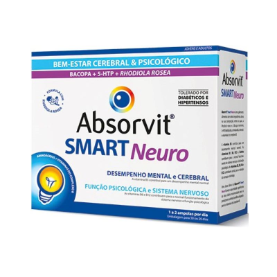 Caixa do suplemento alimentar Absorvit Smart Neuro em branco, azul e roxo