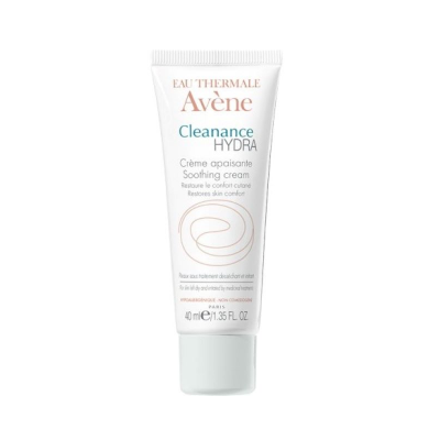 Frasco de creme suavizante Avène Cleanance HYDRA branco com texto colorido