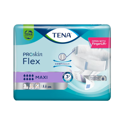 Embalagem azul de fraldas TENA ProSkin Flex Maxi com texto e imagem do produto