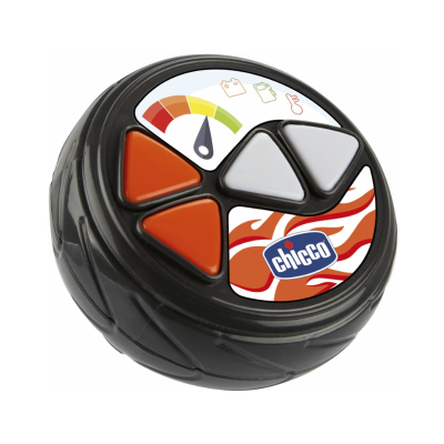 Brinquedo redondo preto com botões brancos e laranja e logotipo Chicco