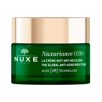 Frasco verde escuro de creme anti-envelhecimento NUXE Nuxuriance Ultra com tampa dourada