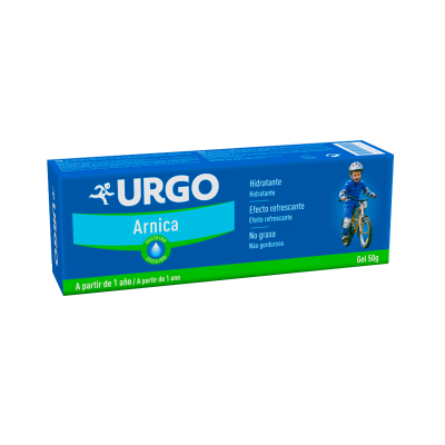 Embalagem azul e verde de gel URGO Arnica com texto e imagem de criança de bicicleta