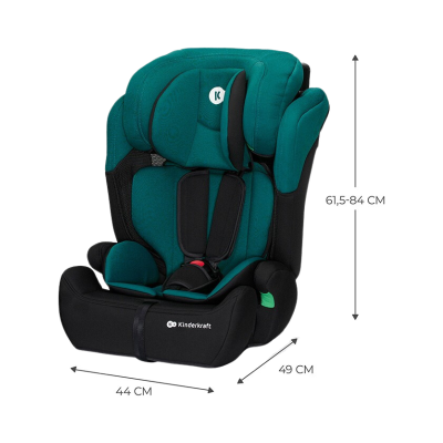 Cadeira auto infantil Kinderkraft verde e preta com cintos e acolchoamento
