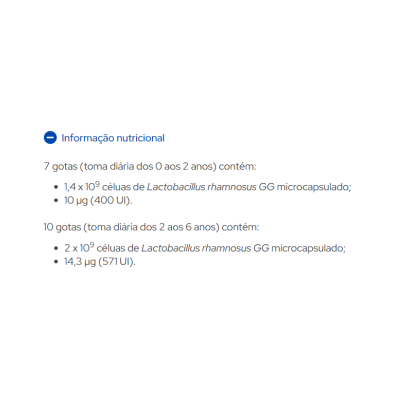 Informação nutricional de suplemento com Lactobacillus rhamnosus GG em gotas para crianças