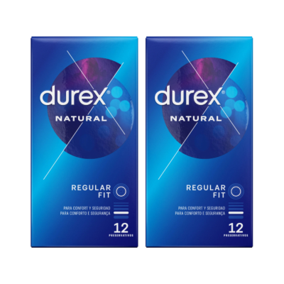 Embalagens azuis do preservativo Durex Natural Regular Fit com texto e padrão circular.