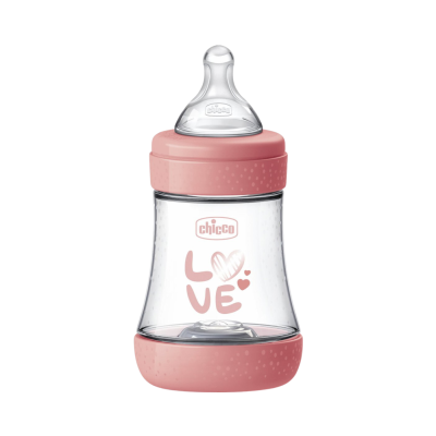 Biberão Chicco transparente com detalhes rosa e texto LOVE
