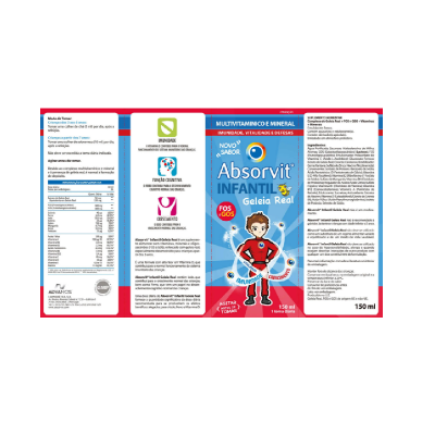 Etiqueta de suplemento infantil multivitamínico Absorvit Geléia Real com criança e texto em azul e vermelho