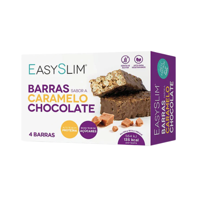 Caixa de barras EasySlim sabor caramelo chocolate com imagem de barras e pedaços de caramelo