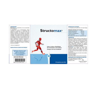Embalagem azul e branca do suplemento Structomax com informação detalhada e desenho de articulações humanas