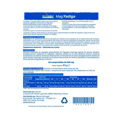 Rótulo do suplemento alimentar BOIRON MagFadiga com texto em azul e branco