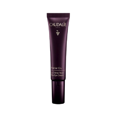 Tubo de creme para olhos Caudalie roxo escuro com texto dourado