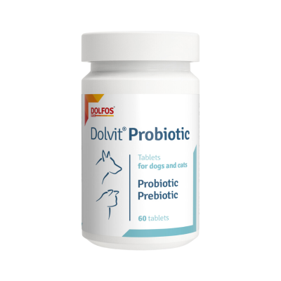 Frasco branco de suplemento Dolvit Probiotic para cães e gatos