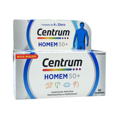 Embalagem branca de suplemento Centrum Homem 50+, 90 comprimidos, multivitamínicos para homens com mais de 50 anos