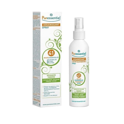 Spray desinfetante Puressentiel branco com detalhes verdes e laranja