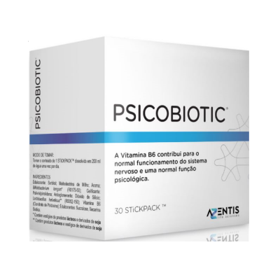 Embalagem do suplemento PSICOBIOTIC com descrição em português e logo AZENTIS