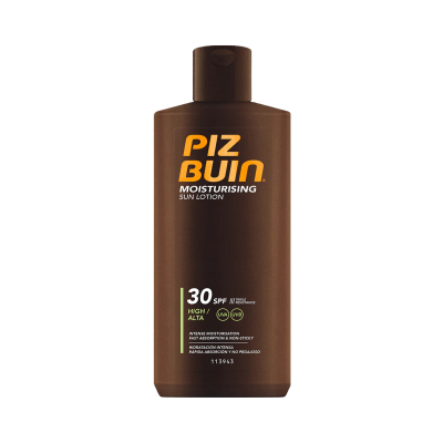 Frasco castanho de loção solar PIZ BUIN SPF 30