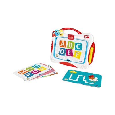 Brinquedo educativo em plástico com letras coloridas e cartas para aprendizagem.