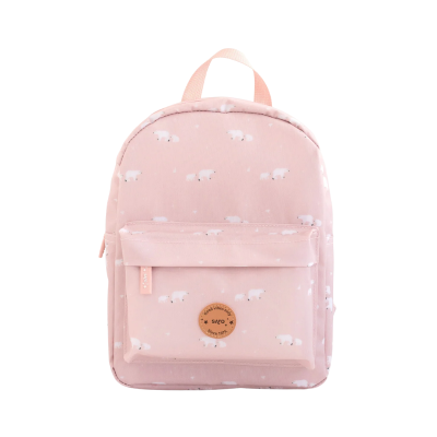 Mochila rosa claro com padrão de ursos polares e bolso frontal