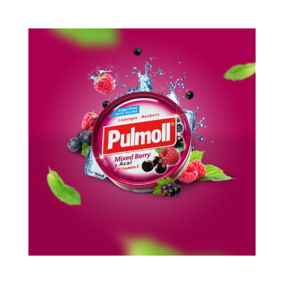 Embalagem de pastilhas Pulmoll Mixed Berry + Acai rosa com frutos e folhas ao redor