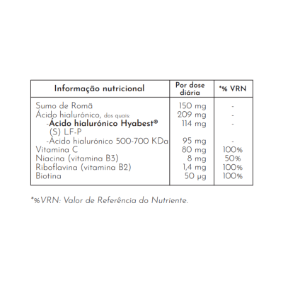Tabela de informação nutricional detalhando ingredientes e doses diárias.
