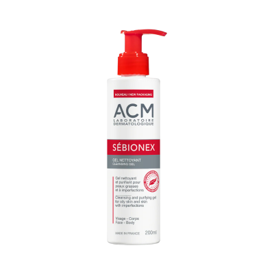 Frasco branco com tampa vermelha e doseador de gel de limpeza ACM Sébionex