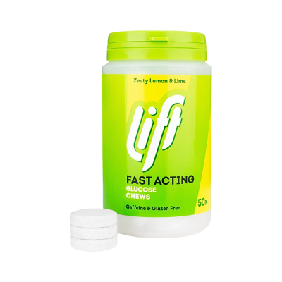 Frasco de glucose mastigável rápida ação lif com sabor limão e lima, com três comprimidos brancos