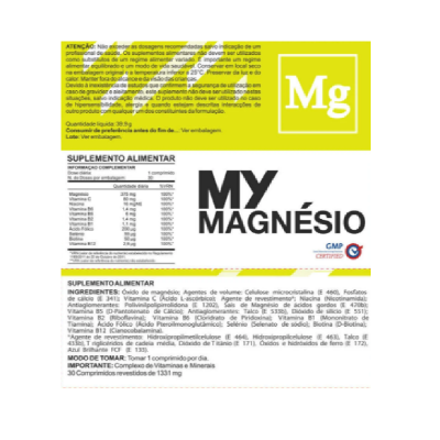 Embalagem de suplemento alimentar MY MAGNÉSIO com texto informativo em amarelo e branco