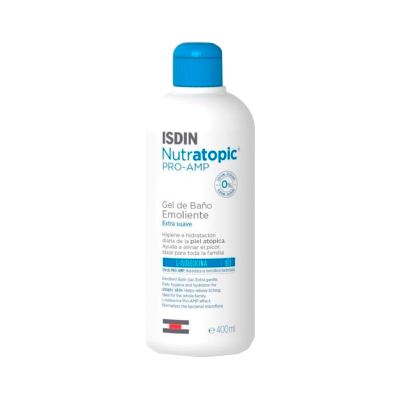 Frasco branco com tampa azul de gel de banho emoliente ISDIN Nutratopic PRO-AMP