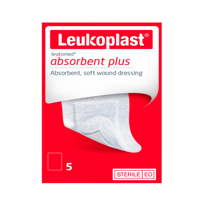 Embalagem do curativo Leukoplast Absorbent Plus em vermelho e branco
