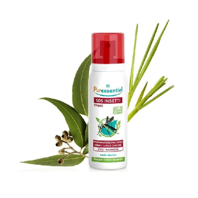 Spray Puressentiel SOS Insetti com tampa vermelha e folhas verdes ao redor