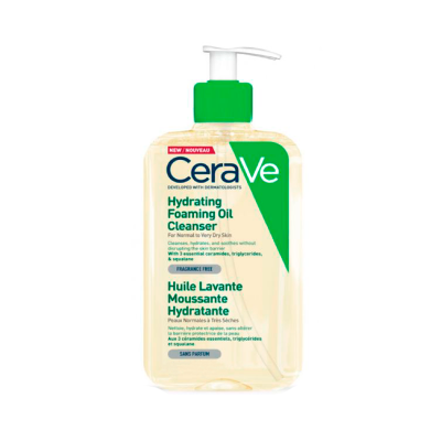 Frasco de óleo de limpeza hidratante espumante CeraVe com dispensador verde