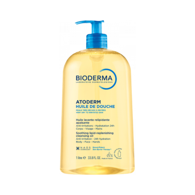 Garrafa de óleo de banho Bioderma Atoderm com bomba azul, 1 litro